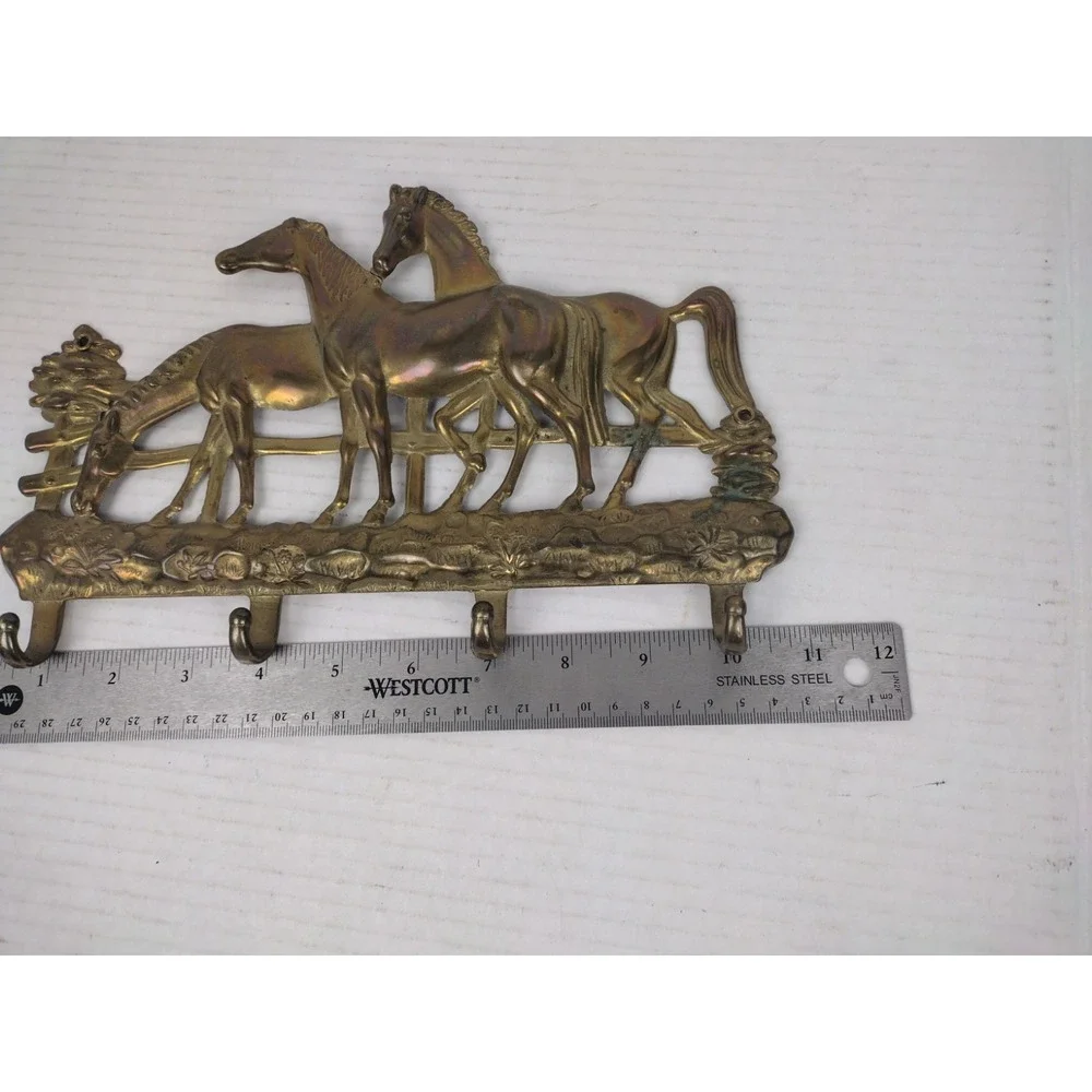 Vtg Brass Key Rack with Horses /Wall Rack Keyholder/Horse Art Italy? Patina!